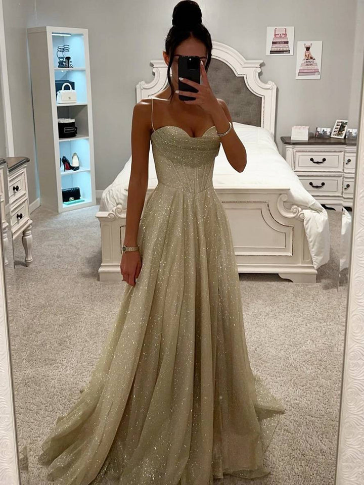 Damen Maxikleid mit Herzausschnitt Spaghettiträgern und glitzerndem Tüllrock