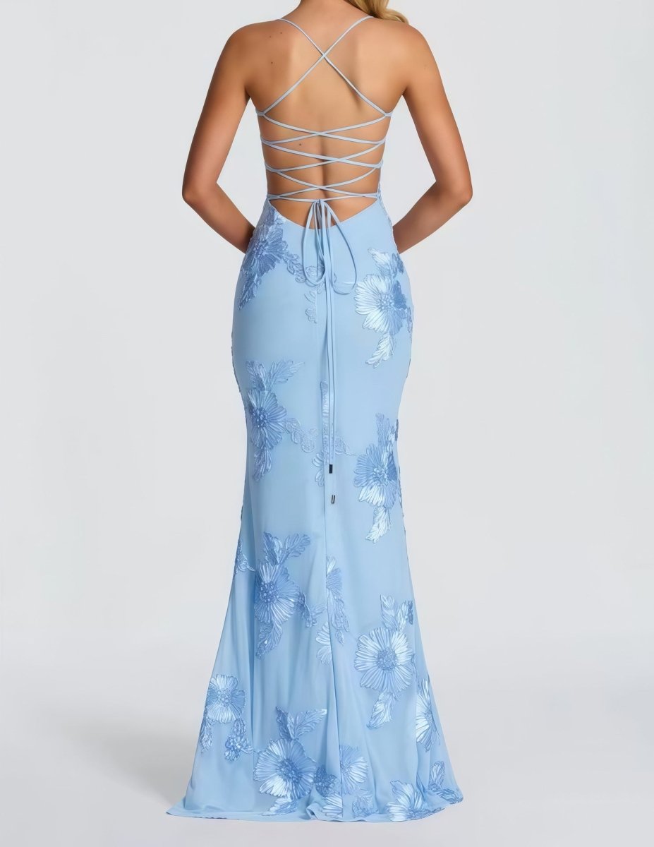 Damen Maxikleid mit Herzausschnitt und Spaghettiträgern mit Schnürung am Rücken und Blumenapplikationen