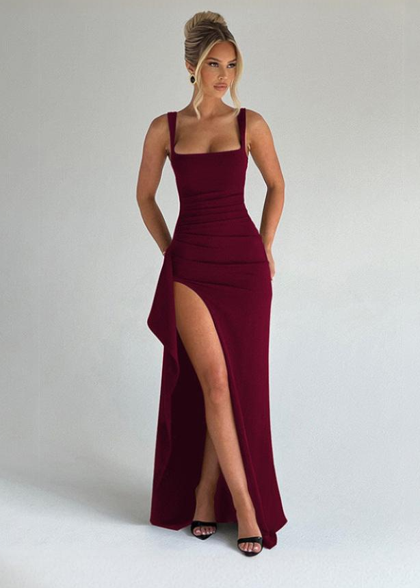 Damen Maxikleid mit Karree-Ausschnitt breiten Trägern und hohem Beinschlitz