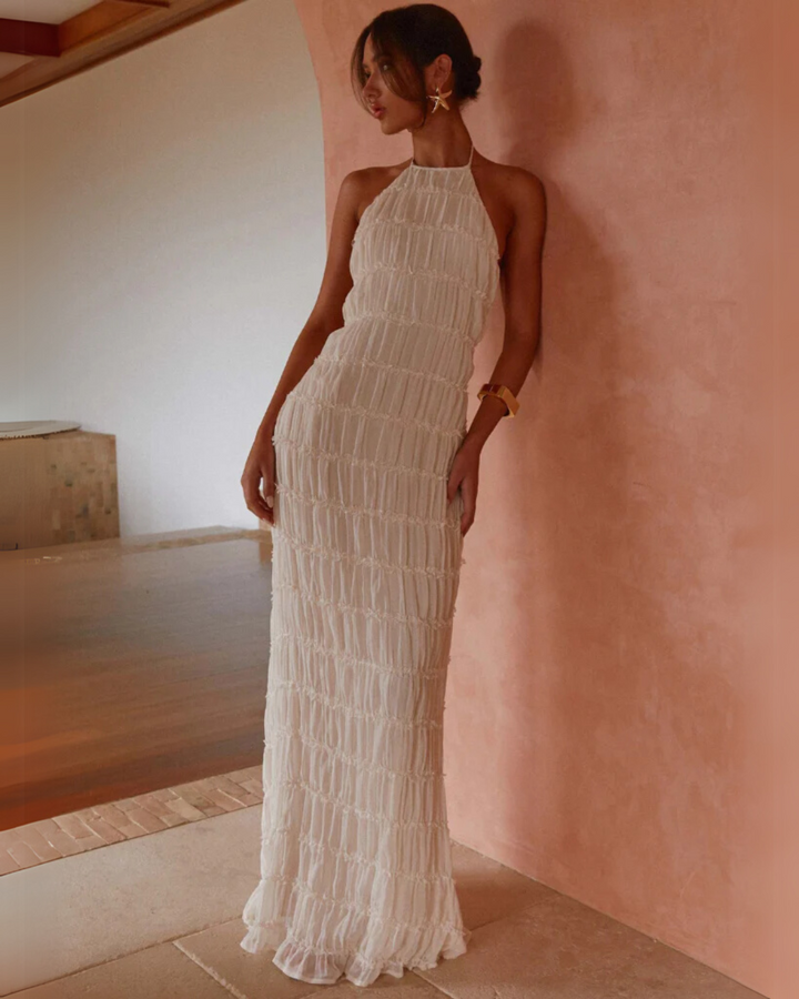 Dames maxi-jurk met halternek, open rug en gestructureerd oppervlak