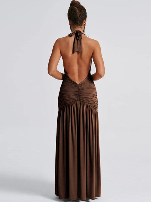 Dames maxi-jurk met halternek, diepe V-hals, open rug, plooien en split aan de zijkant