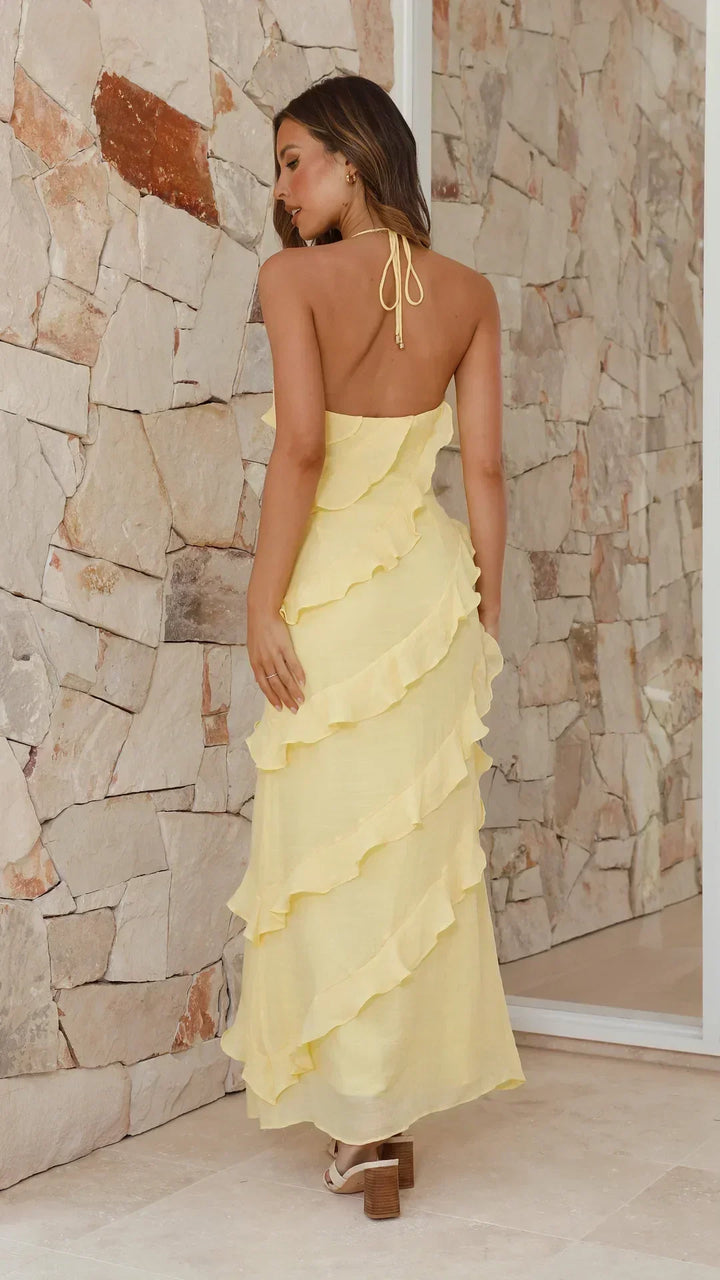Damen Maxikleid mit Neckholder-Ausschnitt und gestuften Rüschenlagen