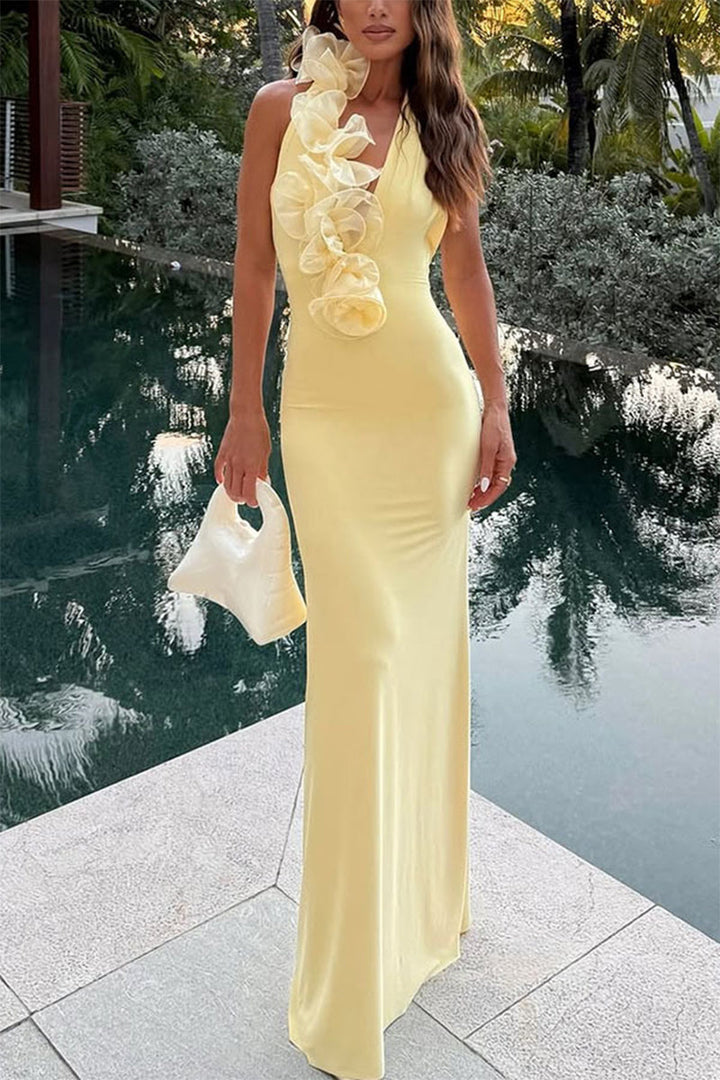 Dames maxi-jurk met halternek en 3D-bloemenapplicaties