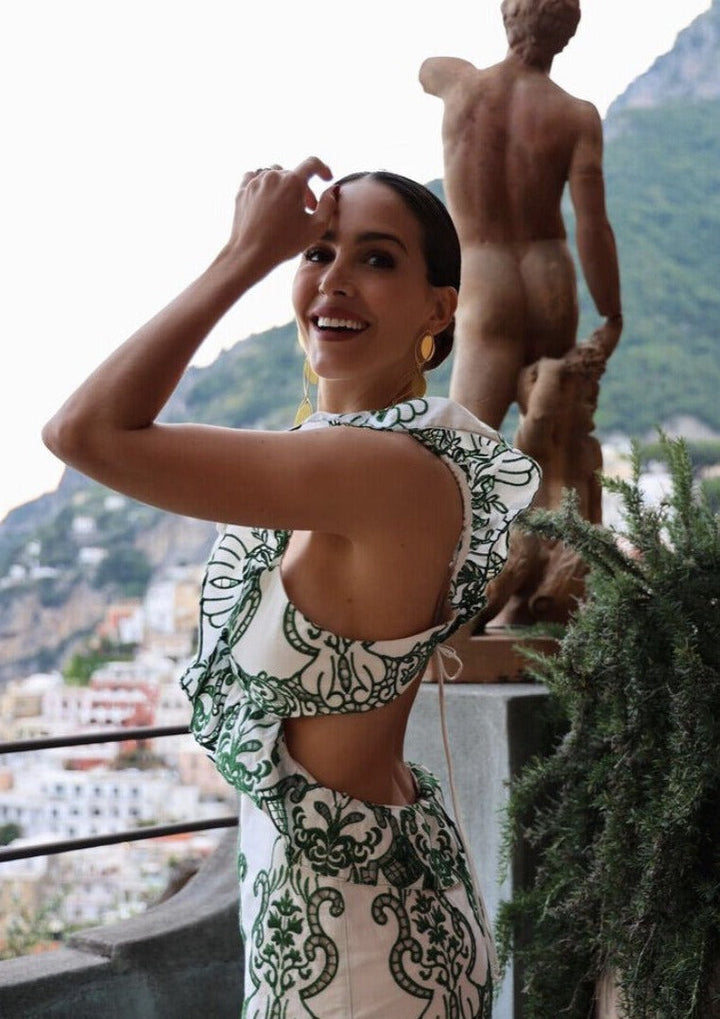 Dames maxi-jurk met ornamentprint, V-hals, ruchebandjes en open rug