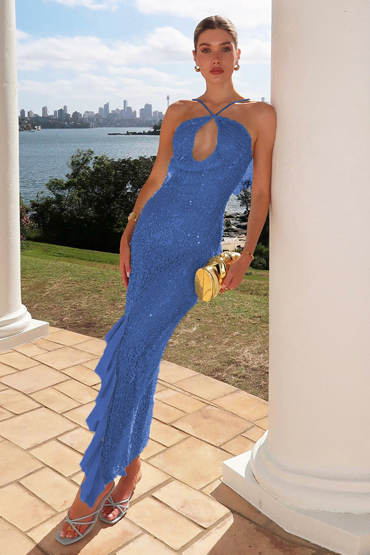 Dames maxi-jurk met pailletten, gekruiste halterbandjes en asymmetrische rucheszoom