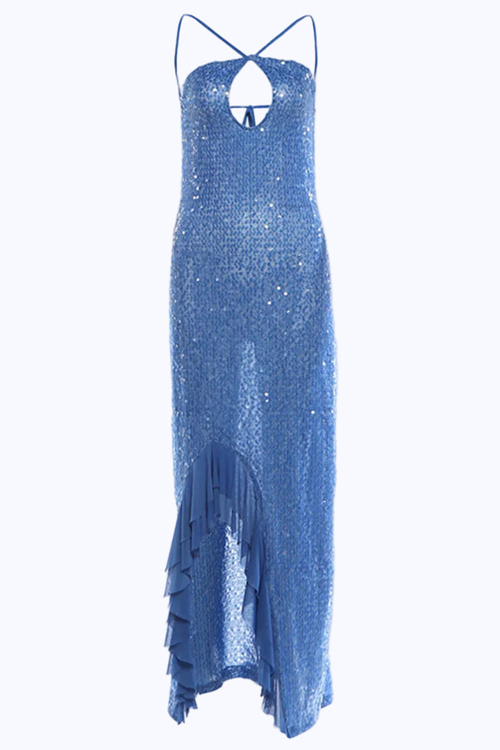 Dames maxi-jurk met pailletten, gekruiste halterbandjes en asymmetrische rucheszoom