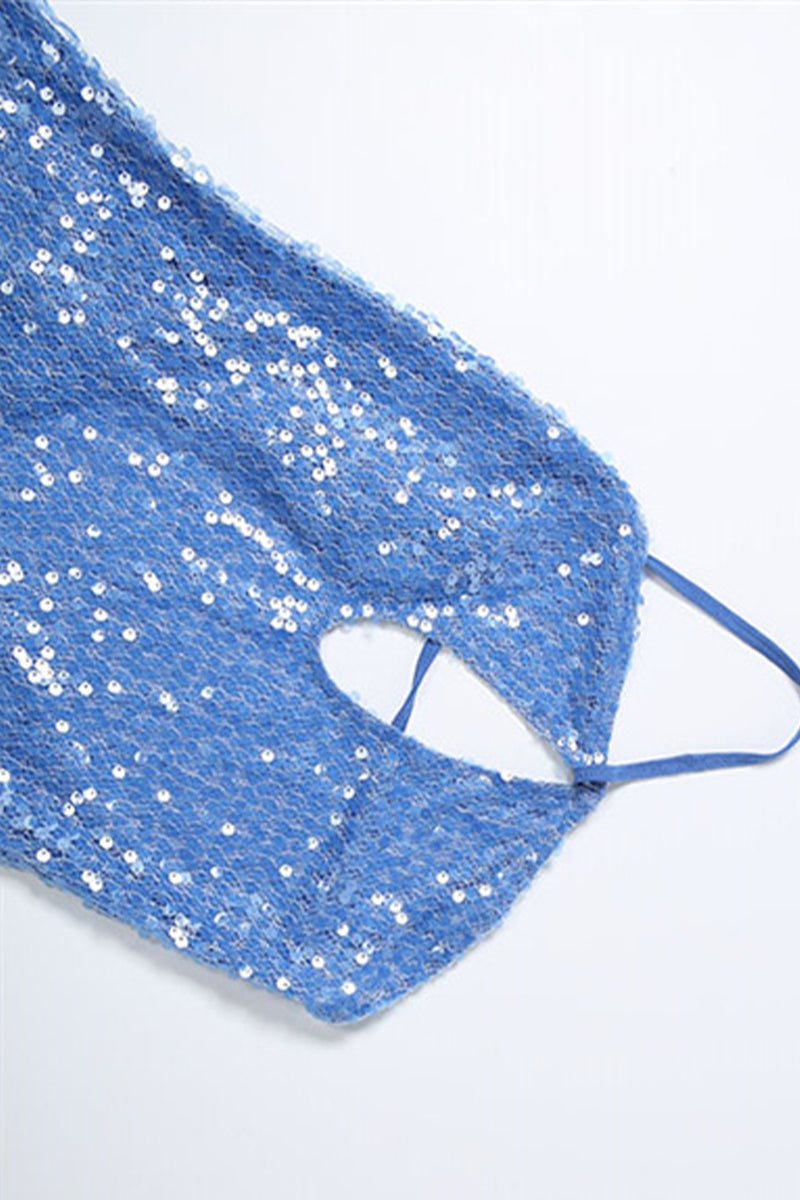 Dames maxi-jurk met pailletten, gekruiste halterbandjes en asymmetrische rucheszoom