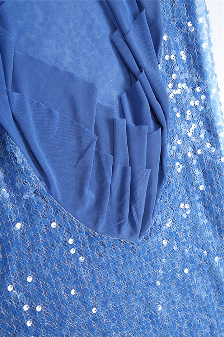 Dames maxi-jurk met pailletten, gekruiste halterbandjes en asymmetrische rucheszoom