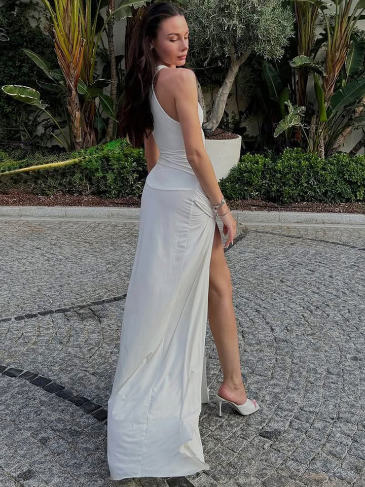 Maxi-jurk voor dames met racerback, bandjes, zijdelingse plooi en split vooraan