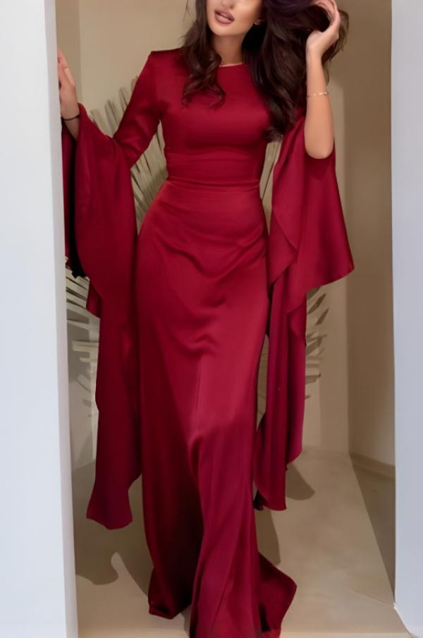 Dames maxi-jurk met ronde hals en lange volantmouwen