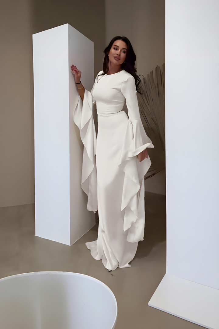 Dames maxi-jurk met ronde hals en lange volantmouwen