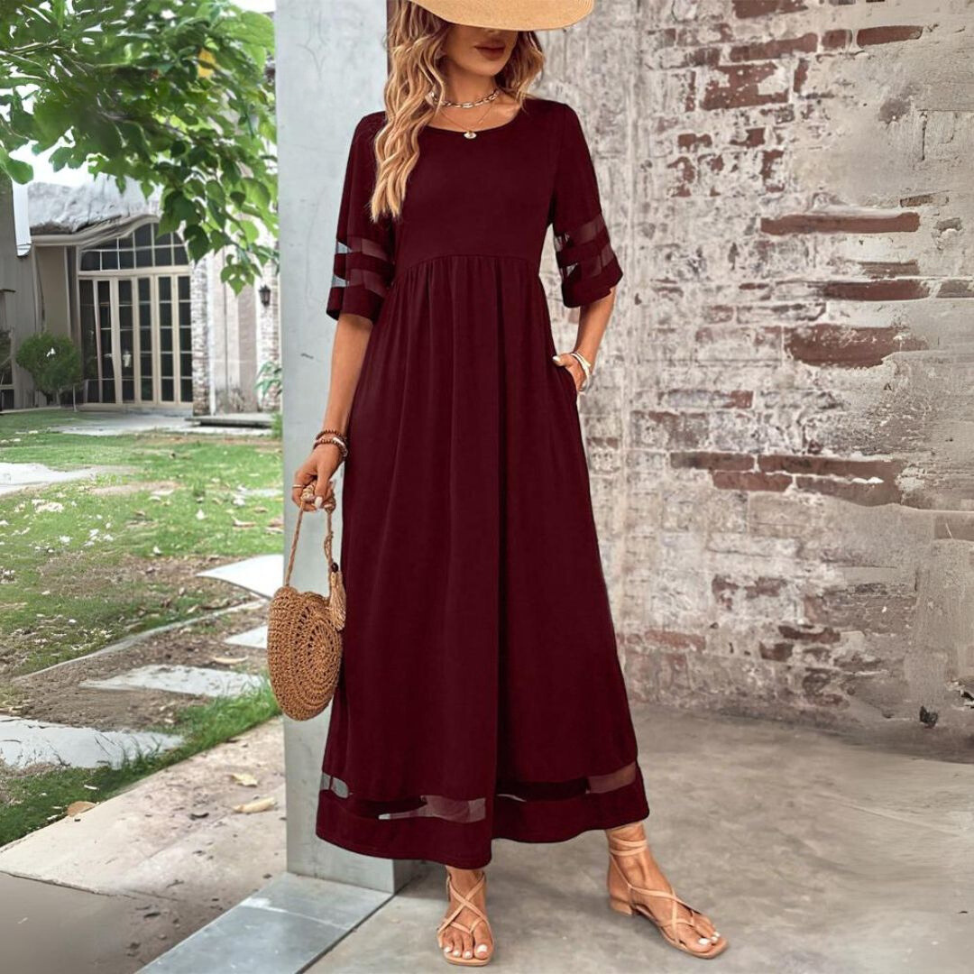 Damen Maxikleid mit Rundhalsausschnitt und Mesh-Streifen