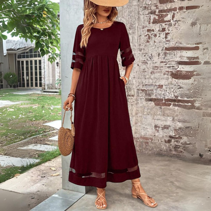 Damen Maxikleid mit Rundhalsausschnitt und Mesh-Streifen