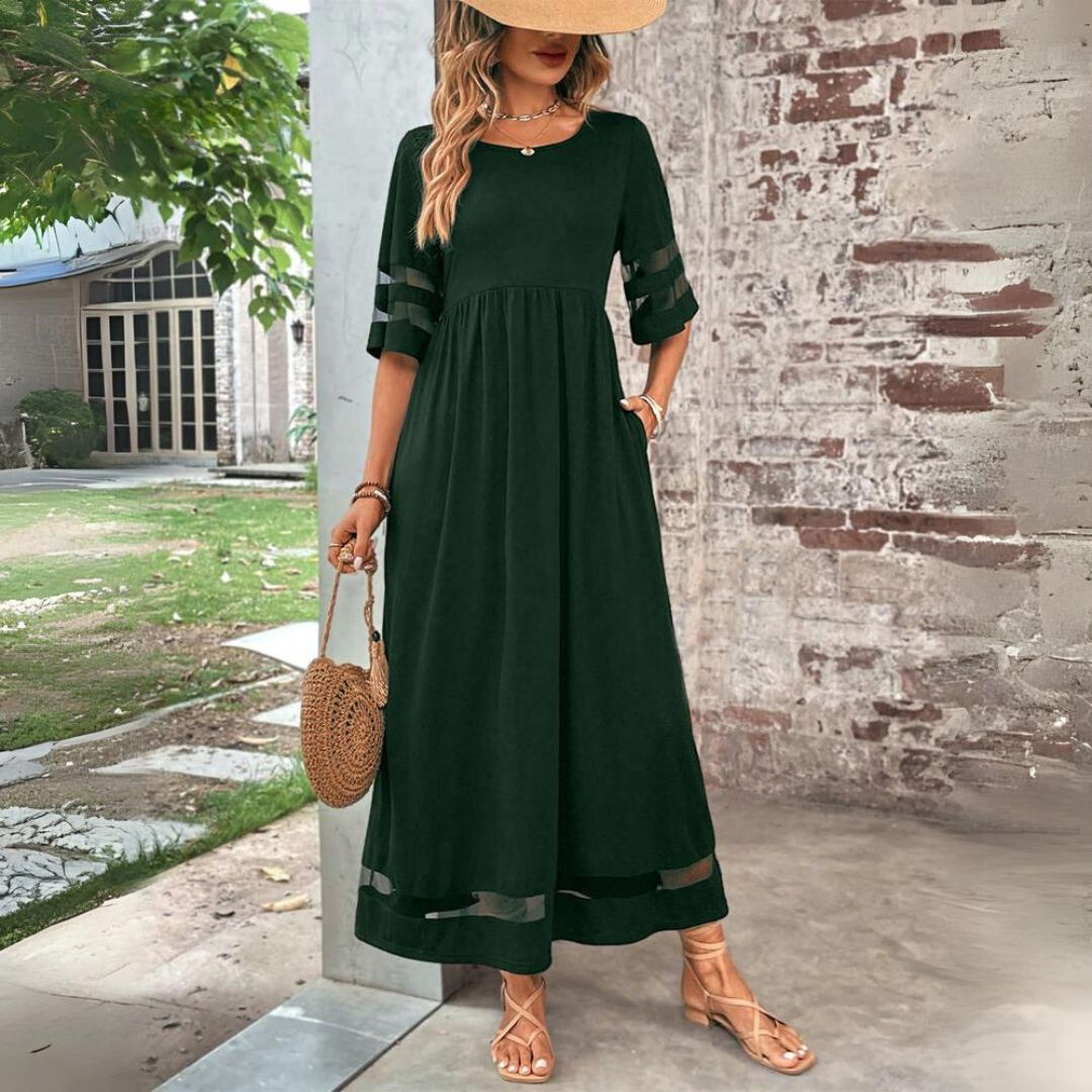 Damen Maxikleid mit Rundhalsausschnitt und Mesh-Streifen