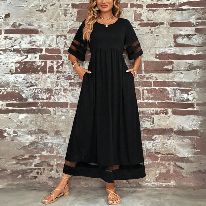 Damen Maxikleid mit Rundhalsausschnitt und Mesh-Streifen