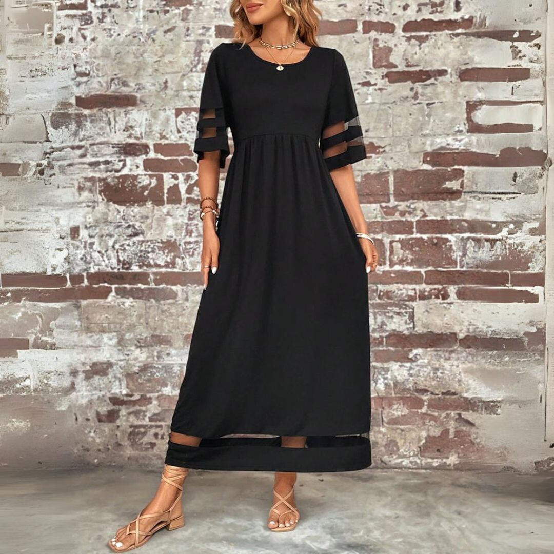 Damen Maxikleid mit Rundhalsausschnitt und Mesh-Streifen