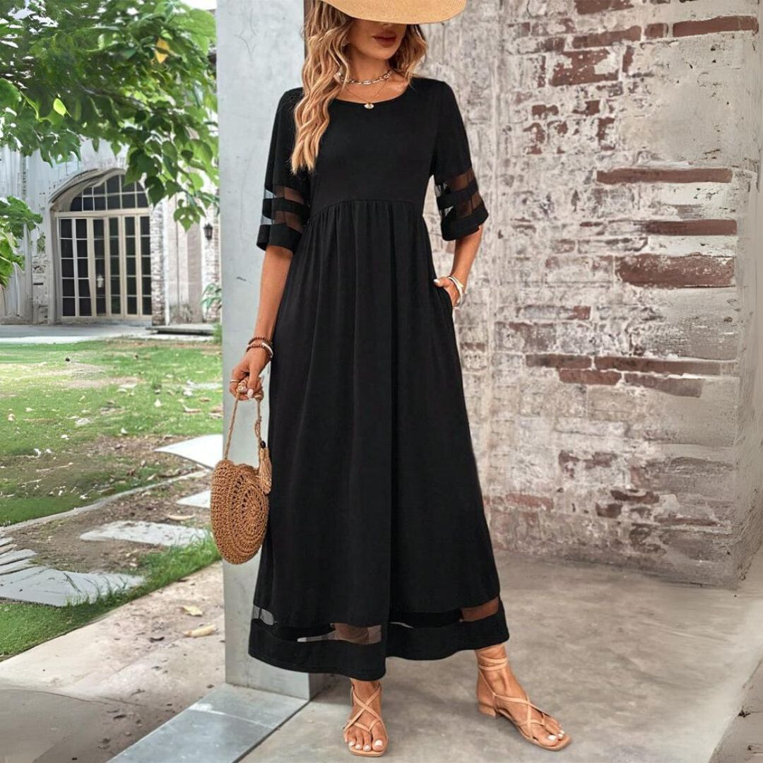 Damen Maxikleid mit Rundhalsausschnitt und Mesh-Streifen
