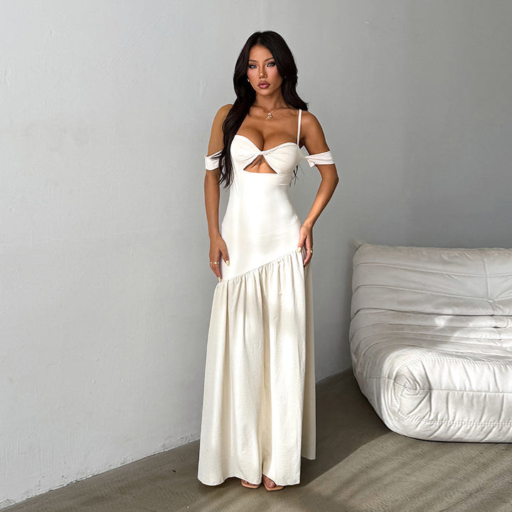 Dames maxi-jurk met off-shoulder mouwen en knoopdetail bij de buste met opening