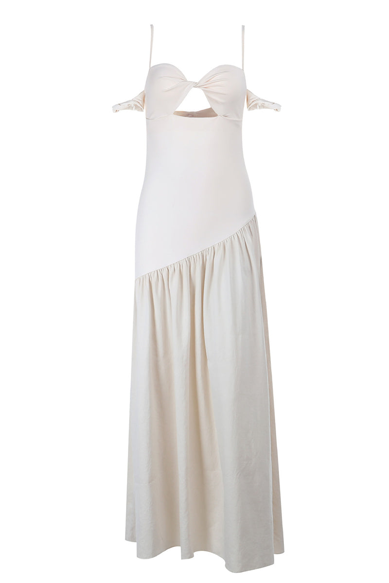 Dames maxi-jurk met off-shoulder mouwen en knoopdetail bij de buste met opening