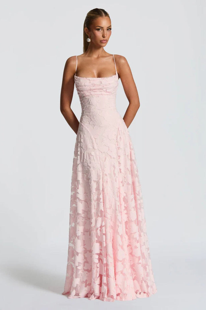 Damen Maxikleid mit Spaghettiträgern Drapiertem Ausschnitt Schnürung am Rücken und Floralen Applikationen