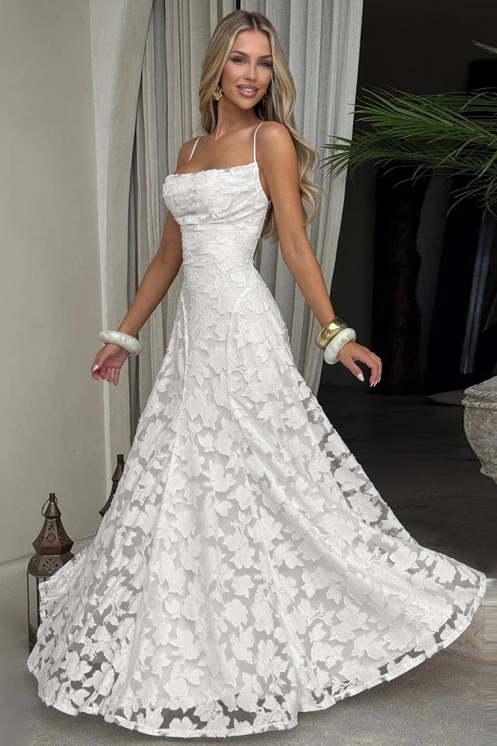 Damen Maxikleid mit Spaghettiträgern Drapiertem Ausschnitt Schnürung am Rücken und Floralen Applikationen