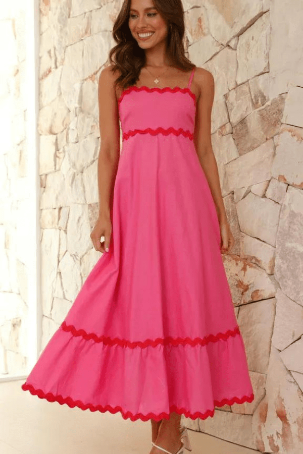 Dames maxi-jurk met spaghettibandjes, rechte zoom, zigzagrand en gerimpelde rug