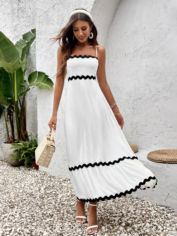Dames maxi-jurk met spaghettibandjes, rechte zoom, zigzagrand en gerimpelde rug
