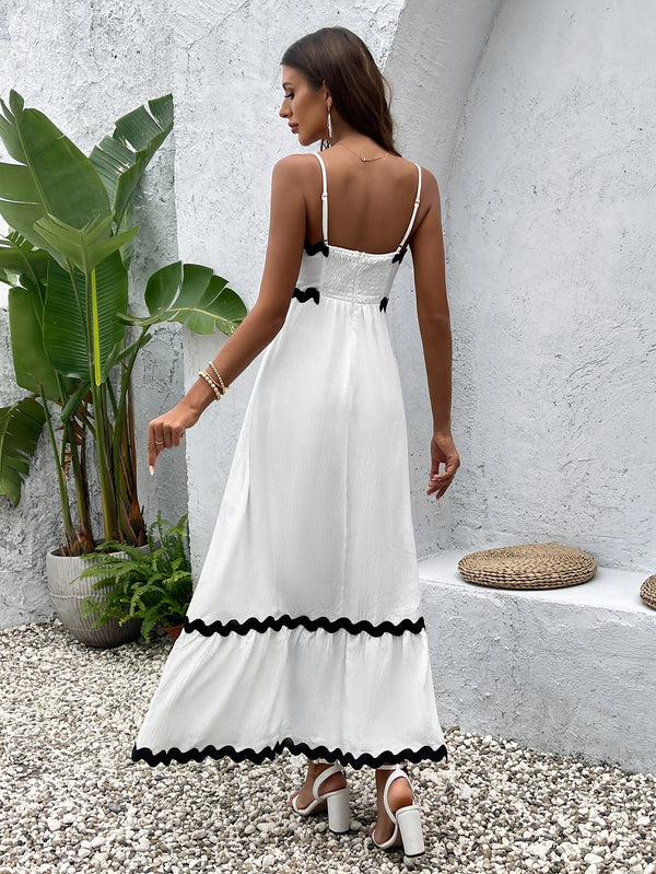 Dames maxi-jurk met spaghettibandjes, rechte zoom, zigzagrand en gerimpelde rug