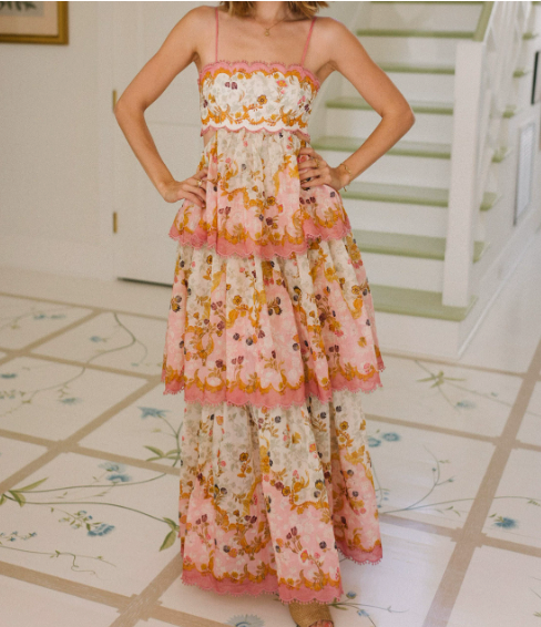 Dames maxi-jurk met spaghettibandjes, vetersluiting op de rug en gelaagde rok met bloemenprint