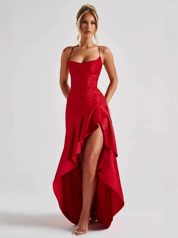 Dames maxi-jurk met spaghettibandjes en asymmetrische zoom