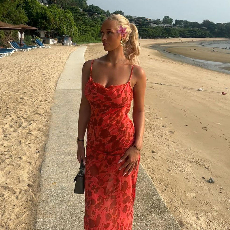 Dames maxi-jurk met spaghettibandjes en bloemenprint