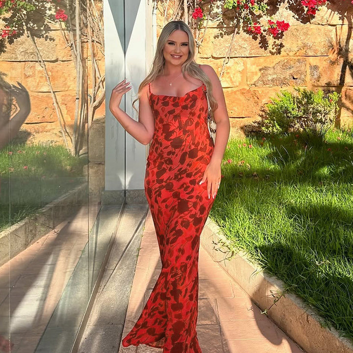 Dames maxi-jurk met spaghettibandjes en bloemenprint