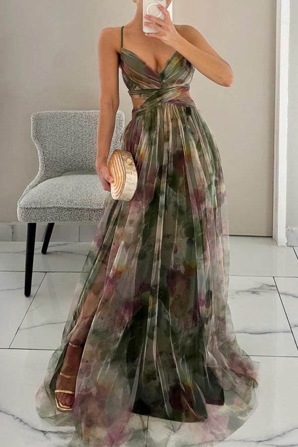 Damen Maxikleid mit Spaghettiträgern und tiefem V-Ausschnitt mit Blumenmuster und überkreuztem Oberteil