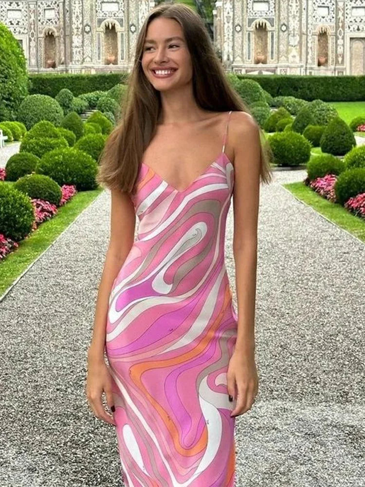 Maxijurk voor dames met spaghettibandjes en V-hals met patroon