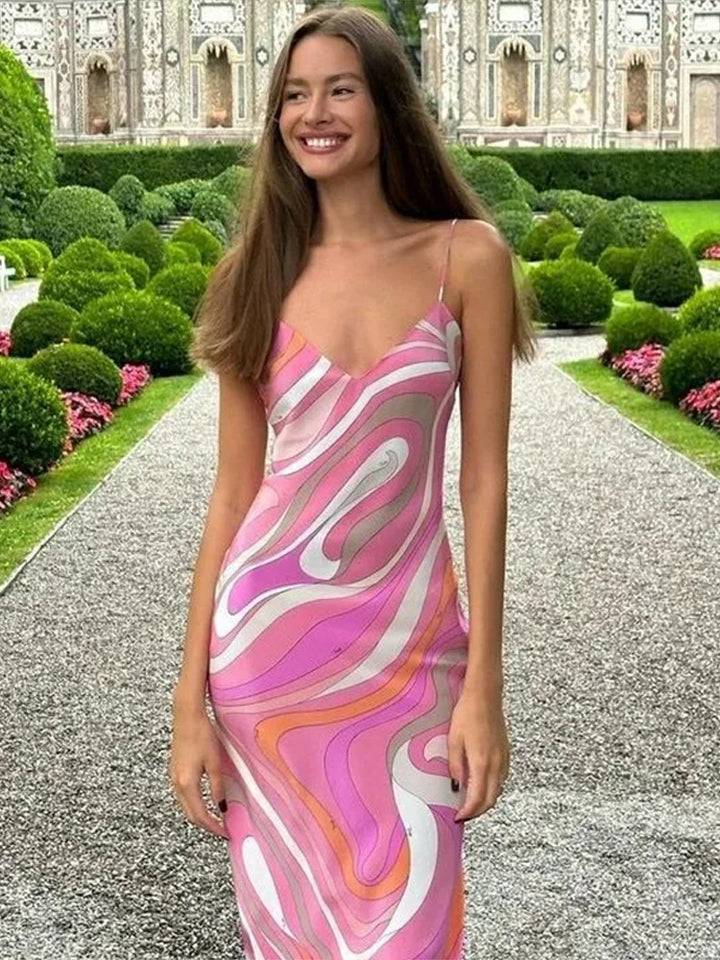 Maxijurk voor dames met spaghettibandjes en V-hals met patroon