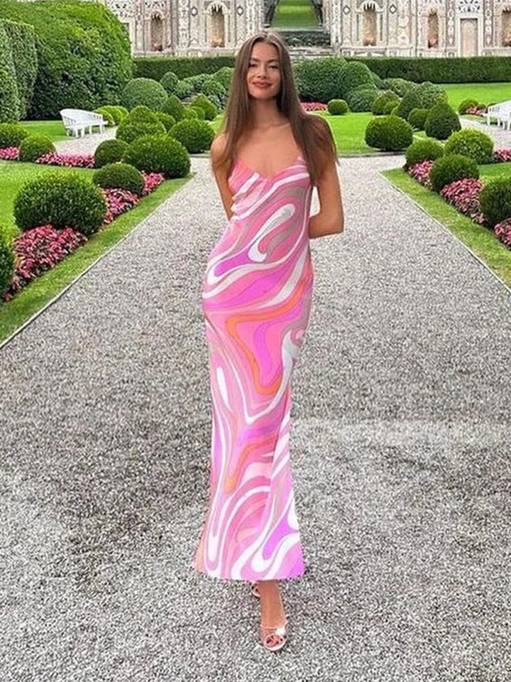 Maxijurk voor dames met spaghettibandjes en V-hals met patroon