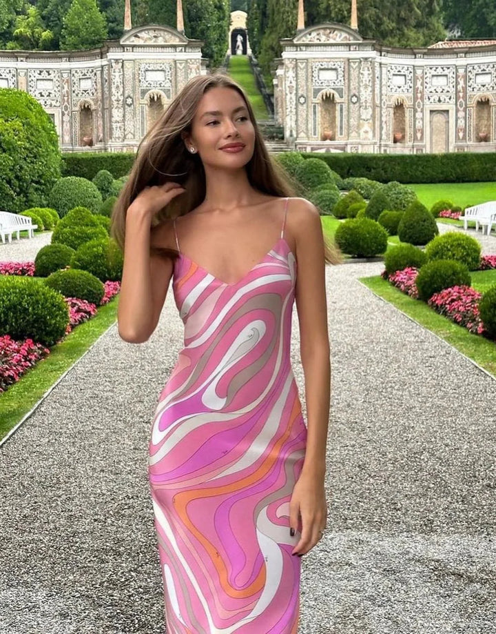 Maxijurk voor dames met spaghettibandjes en V-hals met patroon