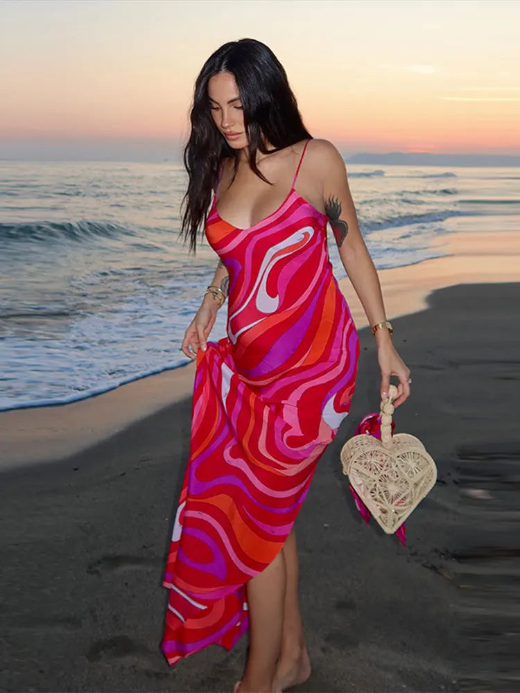 Maxijurk voor dames met spaghettibandjes en V-hals met patroon