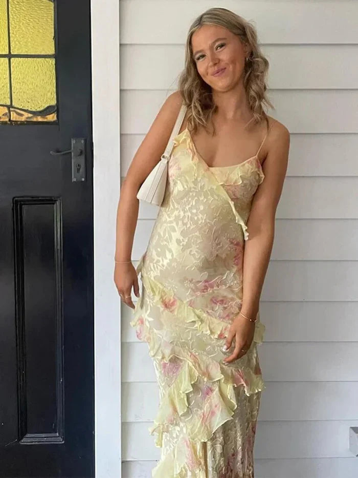 Damen Maxikleid mit Spaghettiträgern V-Ausschnitt Volants und offenem Rücken mit Blumenmuster