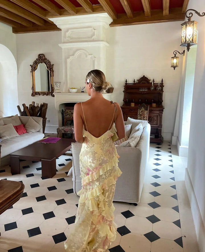 Damen Maxikleid mit Spaghettiträgern V-Ausschnitt Volants und offenem Rücken mit Blumenmuster