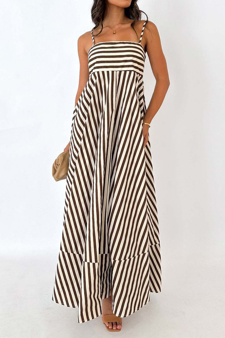 Dames maxi-jurk met strepen, rechte halslijn en spaghettibandjes met gelaagde zoom