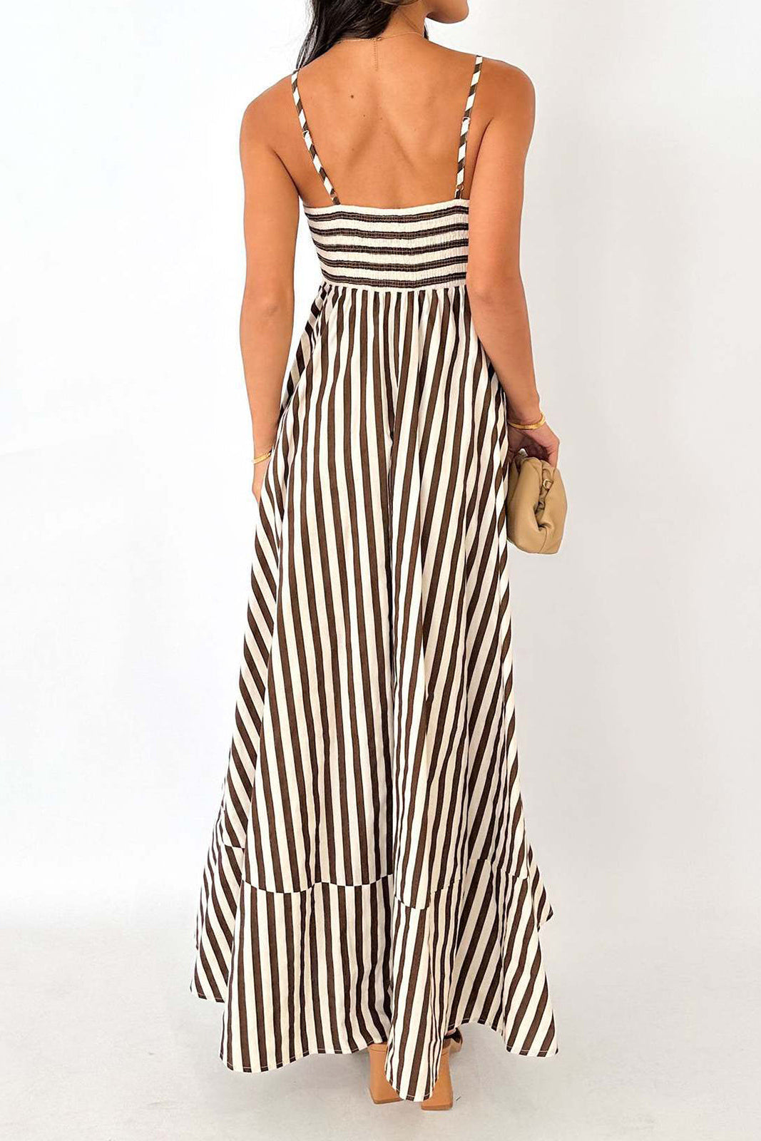 Dames maxi-jurk met strepen, rechte halslijn en spaghettibandjes met gelaagde zoom