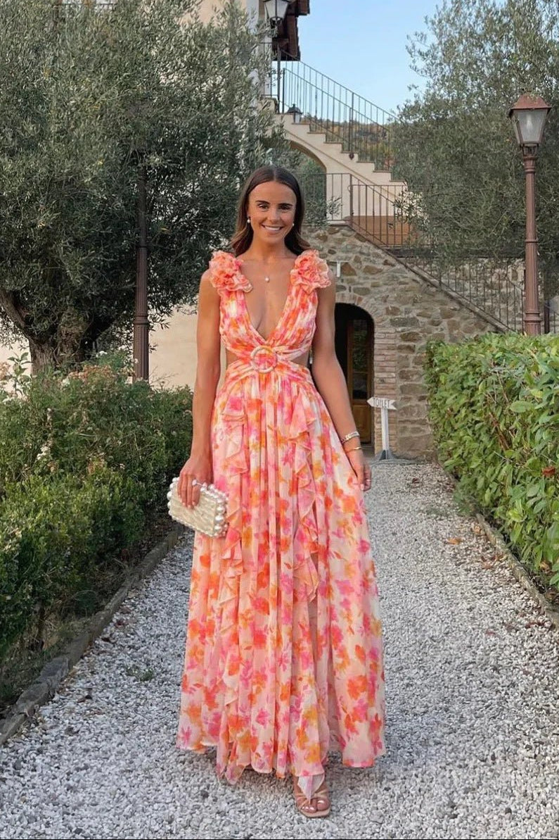 Dames maxi-jurk met diepe V-hals en ruchesmouwen met zijdelingse cut-outs en bloemenprint