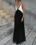 Damen Maxikleid mit tiefem V-Ausschnitt und zweifarbigem Farbblock-Muster
