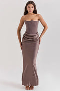 Damen Maxikleid mit trägerlosen Oberteil und gerafftem Taillenbereich