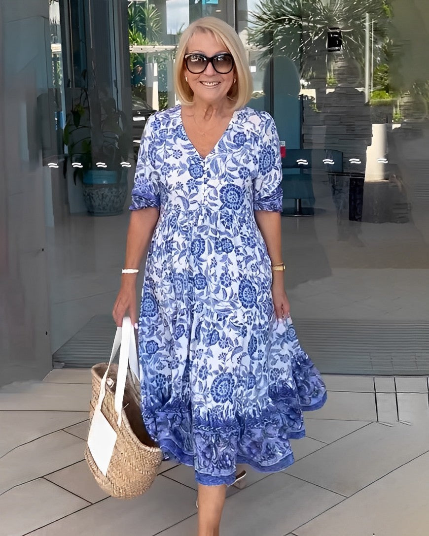 Damen Maxikleid mit V-Ausschnitt Knopfleiste und Blumenmuster