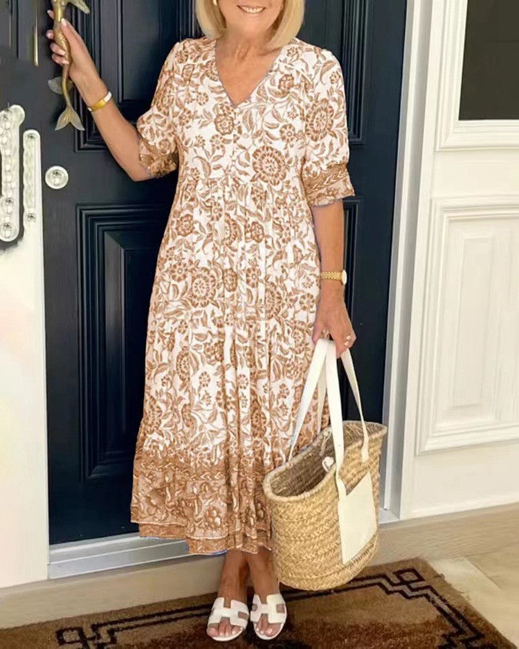 Damen Maxikleid mit V-Ausschnitt Knopfleiste und Blumenmuster