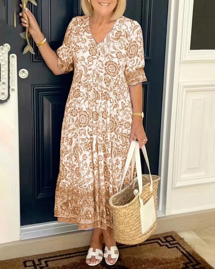 Damen Maxikleid mit V-Ausschnitt Knopfleiste und Blumenmuster