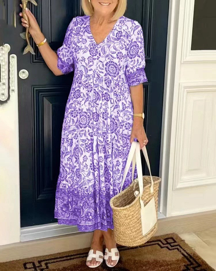 Damen Maxikleid mit V-Ausschnitt Knopfleiste und Blumenmuster