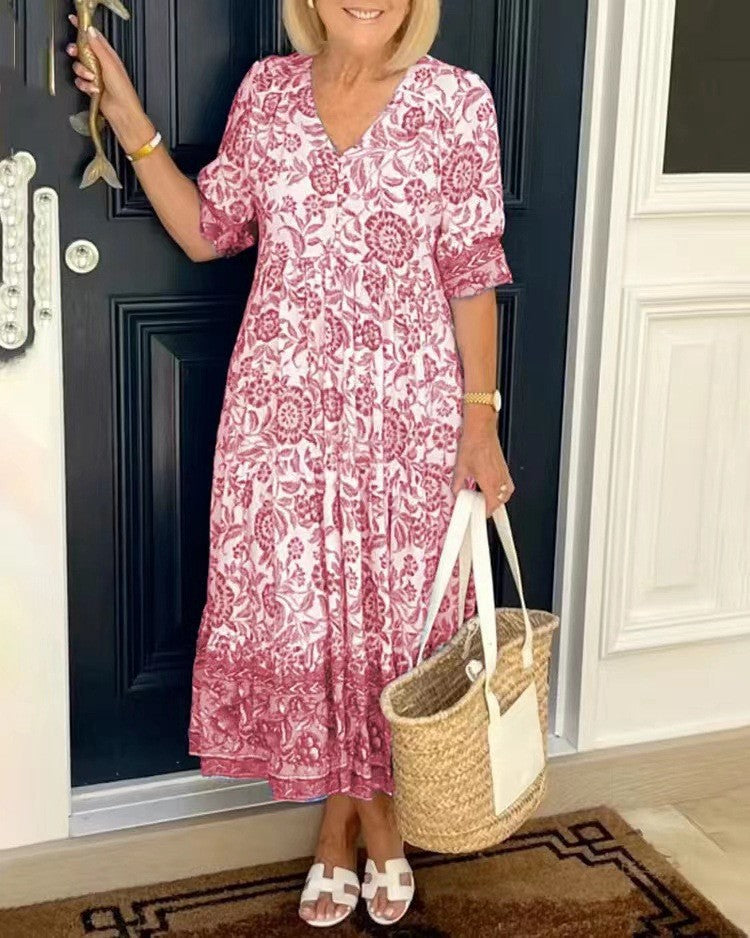 Damen Maxikleid mit V-Ausschnitt Knopfleiste und Blumenmuster